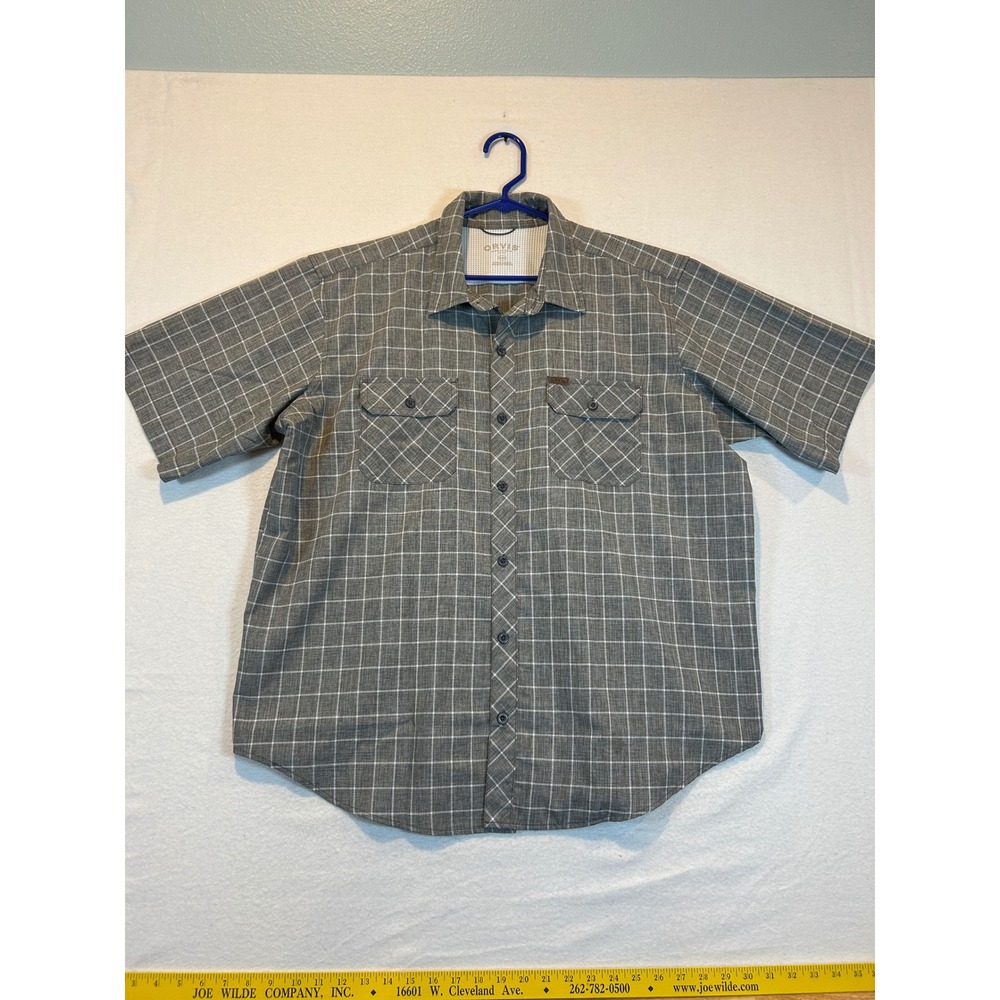 Orvis Mens Gray White Grid Short Sleeve Button Down Shirt Mesh Back Yoke XL